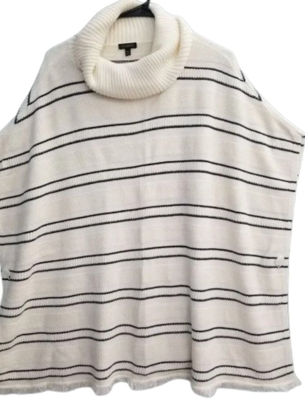 Talbots Sweater Shawl M/L Poncho Knit Cape Fringe Blue White